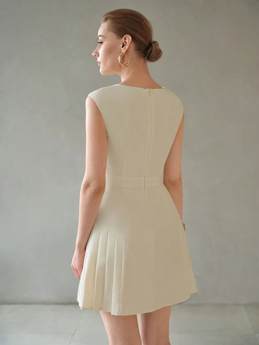 PREMIUM SOLID NOTCH NECK BUTTON DETAIL FOLD PLEATED HEM DRESSSUMMER OUTFITS