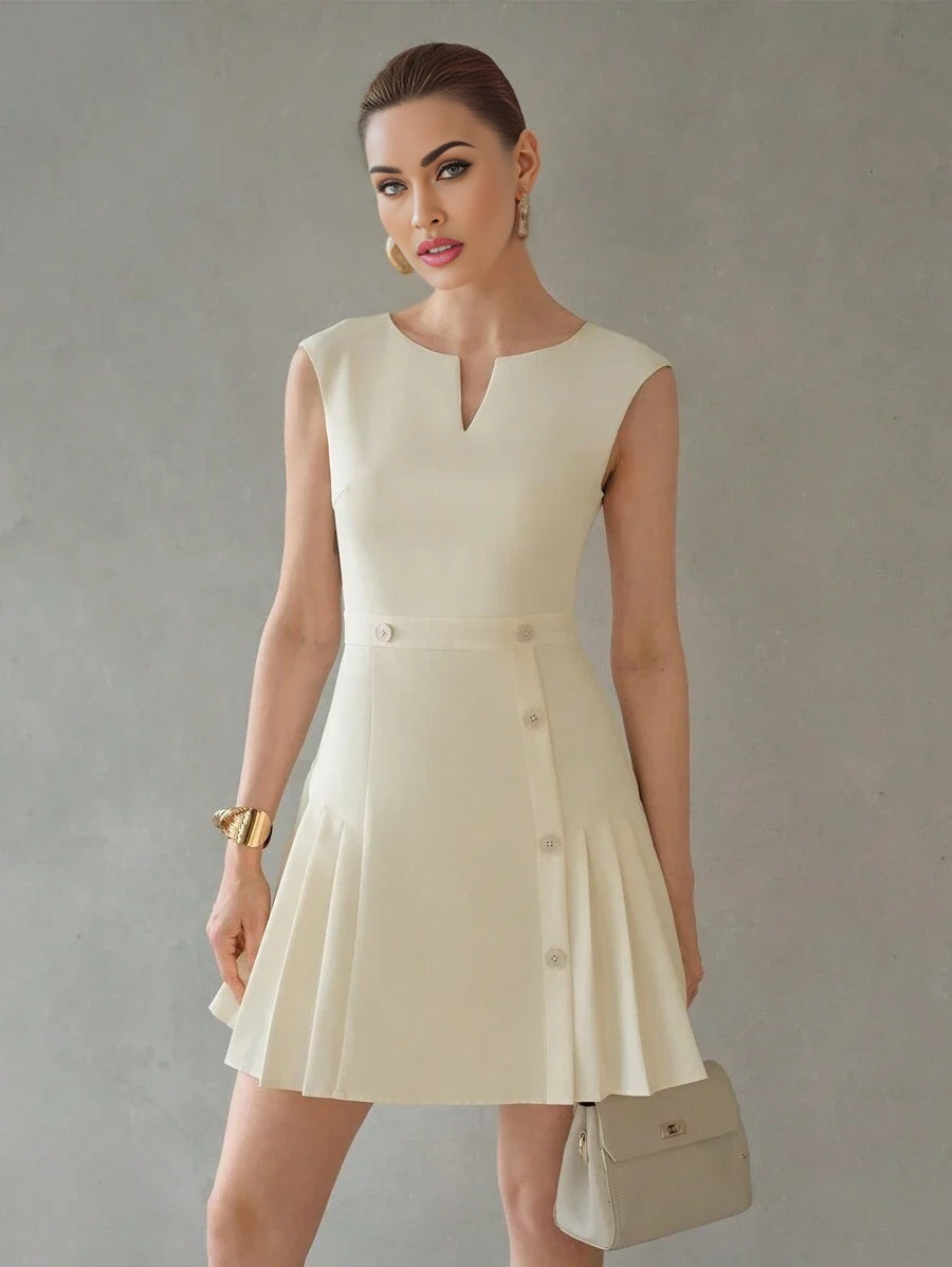 PREMIUM SOLID NOTCH NECK BUTTON DETAIL FOLD PLEATED HEM DRESSSUMMER OUTFITS