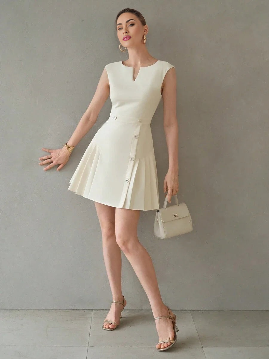 PREMIUM SOLID NOTCH NECK BUTTON DETAIL FOLD PLEATED HEM DRESSSUMMER OUTFITS