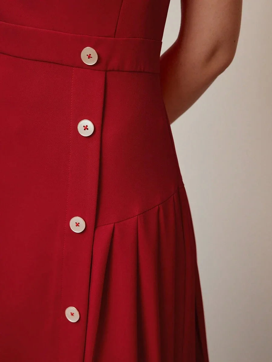 PREMIUM SOLID NOTCH NECK BUTTON DETAIL PLEATED PANEL HEM DRESS