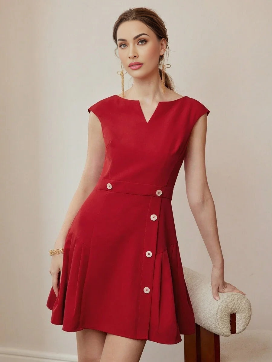 PREMIUM SOLID NOTCH NECK BUTTON DETAIL PLEATED PANEL HEM DRESS