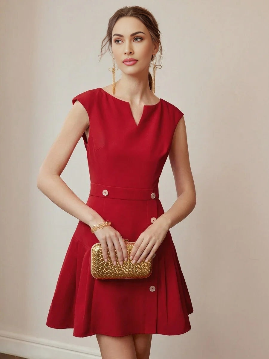 PREMIUM SOLID NOTCH NECK BUTTON DETAIL PLEATED PANEL HEM DRESS