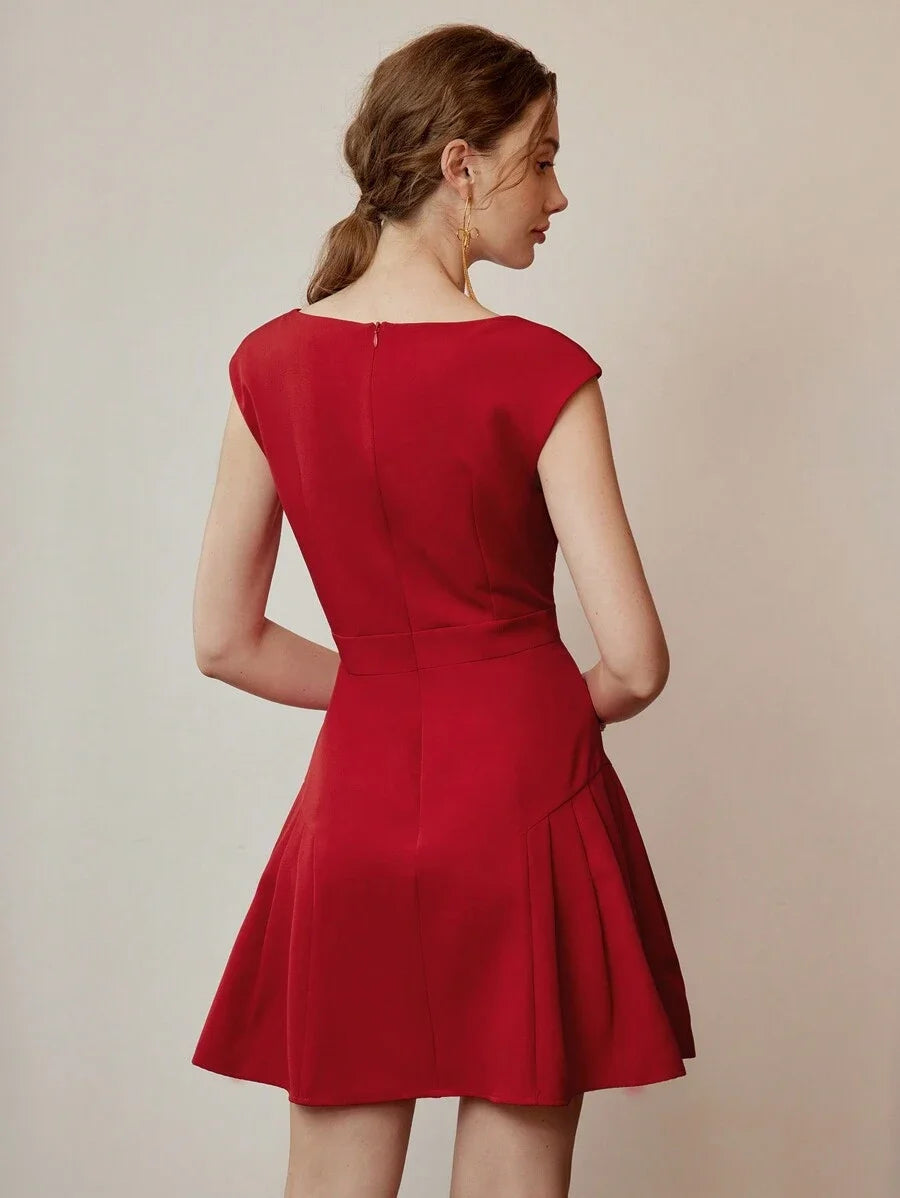 PREMIUM SOLID NOTCH NECK BUTTON DETAIL PLEATED PANEL HEM DRESS