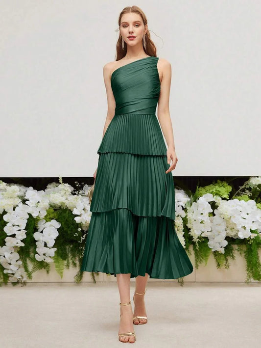 PREMIUM SOLID ONE SHOULDER RUCHED BODICE LAYERED PLEATED HEM LONG DRESS