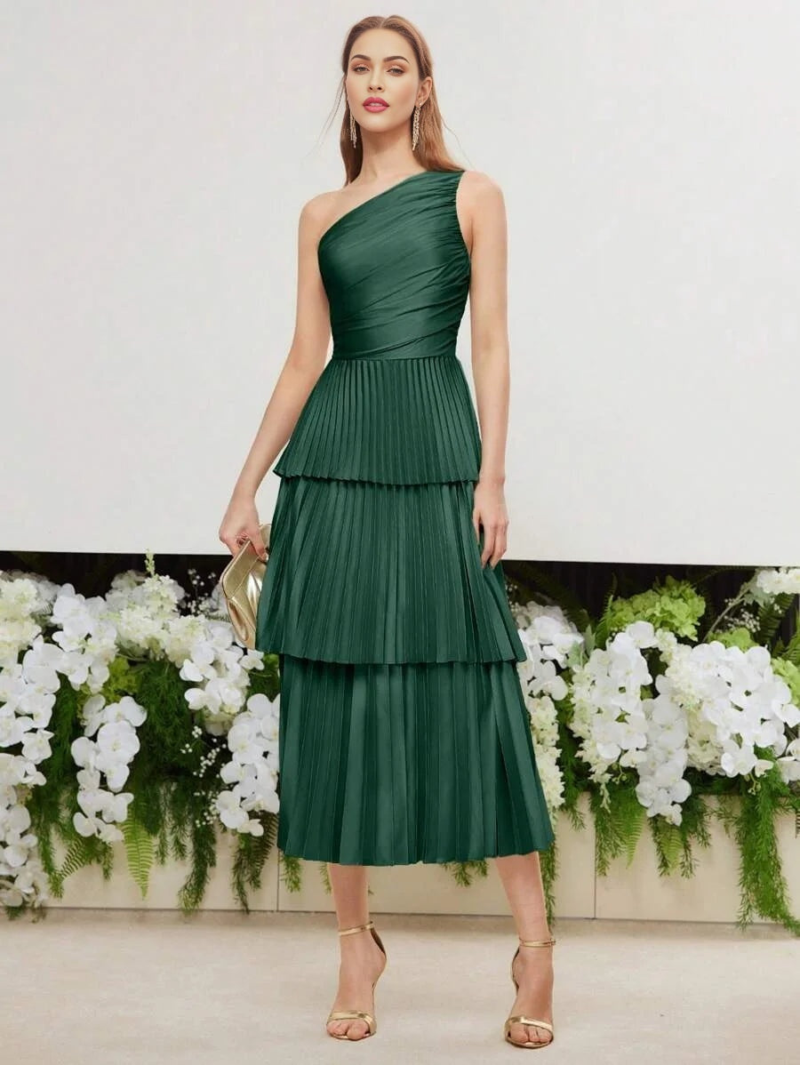 PREMIUM SOLID ONE SHOULDER RUCHED BODICE LAYERED PLEATED HEM LONG DRESS