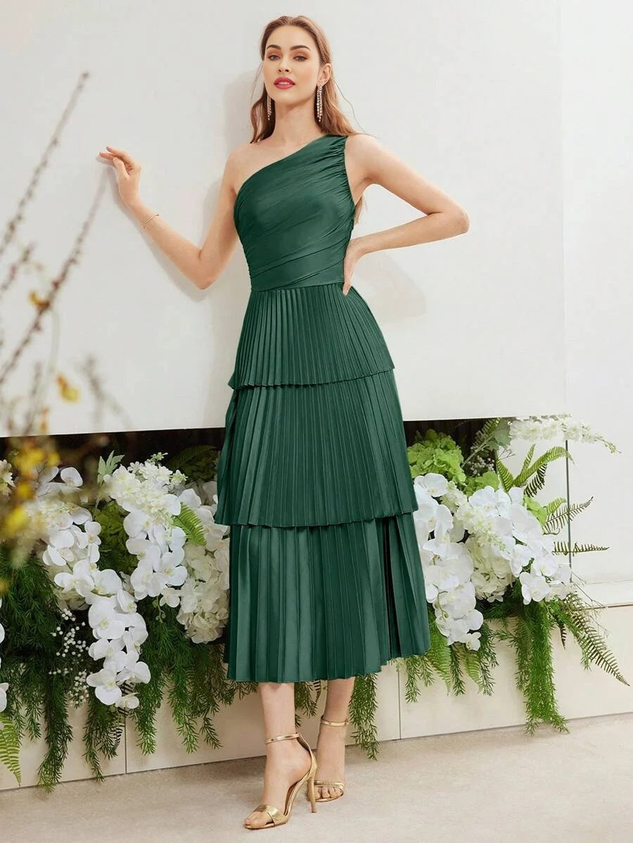 PREMIUM SOLID ONE SHOULDER RUCHED BODICE LAYERED PLEATED HEM LONG DRESS