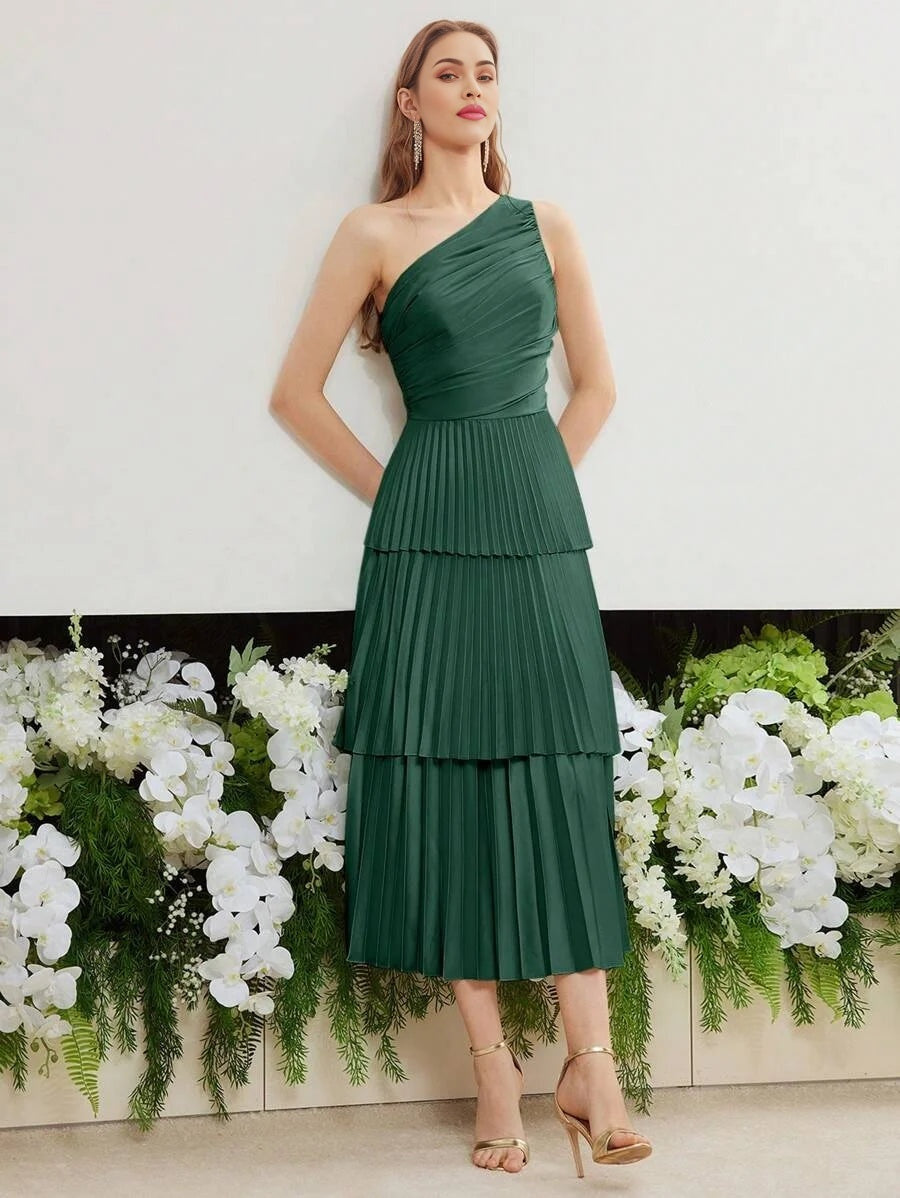 PREMIUM SOLID ONE SHOULDER RUCHED BODICE LAYERED PLEATED HEM LONG DRESS