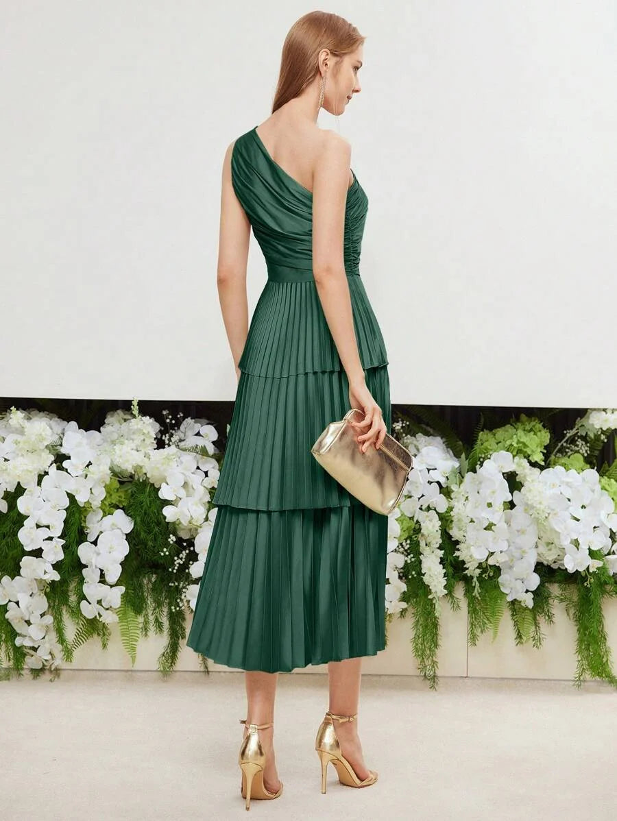 PREMIUM SOLID ONE SHOULDER RUCHED BODICE LAYERED PLEATED HEM LONG DRESS