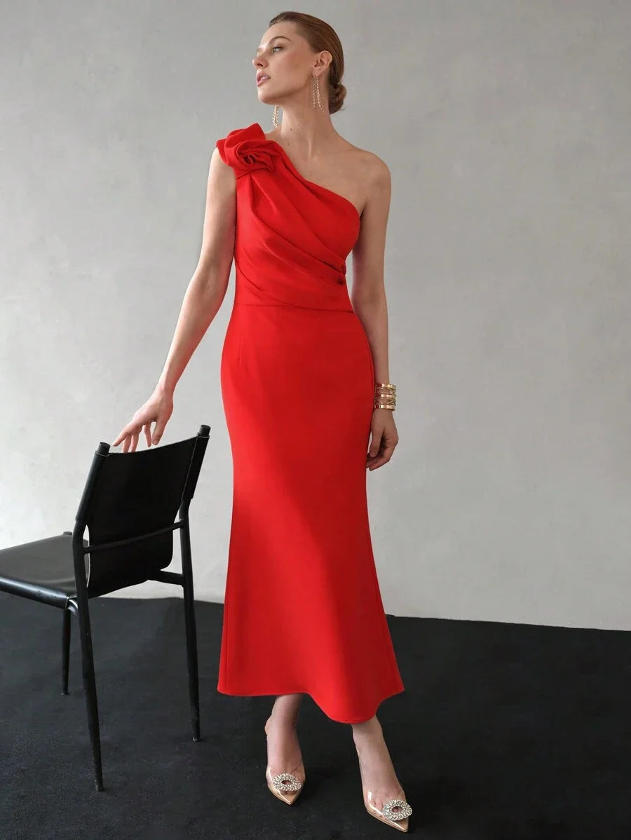 PREMIUM SOLID ONE SHOULDER STEREO FLOWER RUCHED BODICE MERMAID HEM DRESSHOLIDAY PARTY BIRTHDAY