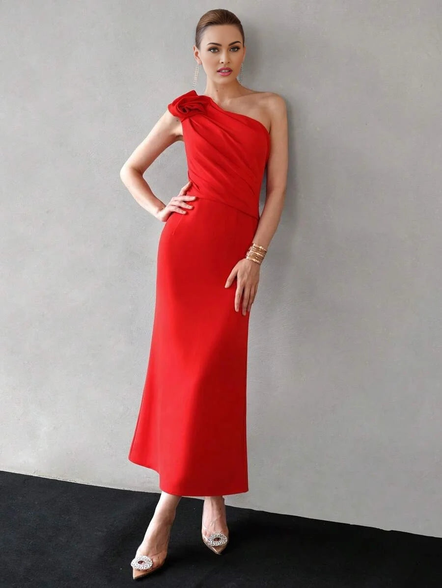 PREMIUM SOLID ONE SHOULDER STEREO FLOWER RUCHED BODICE MERMAID HEM DRESSHOLIDAY PARTY BIRTHDAY