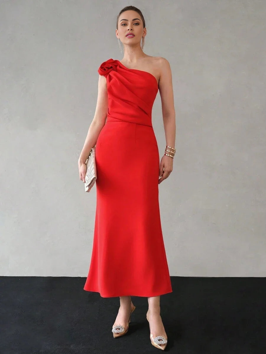 PREMIUM SOLID ONE SHOULDER STEREO FLOWER RUCHED BODICE MERMAID HEM DRESSHOLIDAY PARTY BIRTHDAY