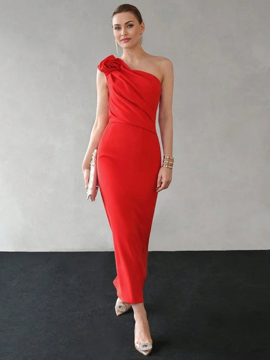 PREMIUM SOLID ONE SHOULDER STEREO FLOWER RUCHED BODICE MERMAID HEM DRESSHOLIDAY PARTY BIRTHDAY