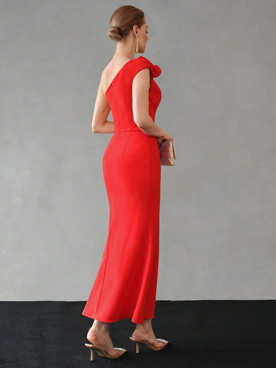 PREMIUM SOLID ONE SHOULDER STEREO FLOWER RUCHED BODICE MERMAID HEM DRESSHOLIDAY PARTY BIRTHDAY