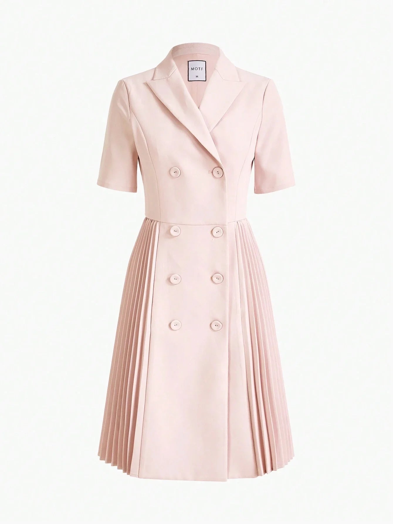 PREMIUM SOLID PEAK COLLAR DOUBLE BREASTED PLACKET PLEATED PANEL DRESSSUMMER OUTFITS