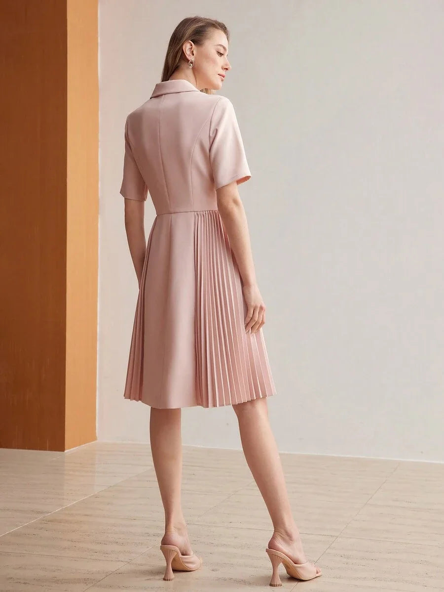 PREMIUM SOLID PEAK COLLAR DOUBLE BREASTED PLACKET PLEATED PANEL DRESSSUMMER OUTFITS