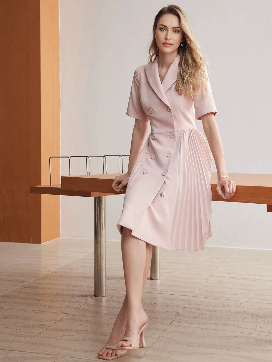 PREMIUM SOLID PEAK COLLAR DOUBLE BREASTED PLACKET PLEATED PANEL DRESSSUMMER OUTFITS
