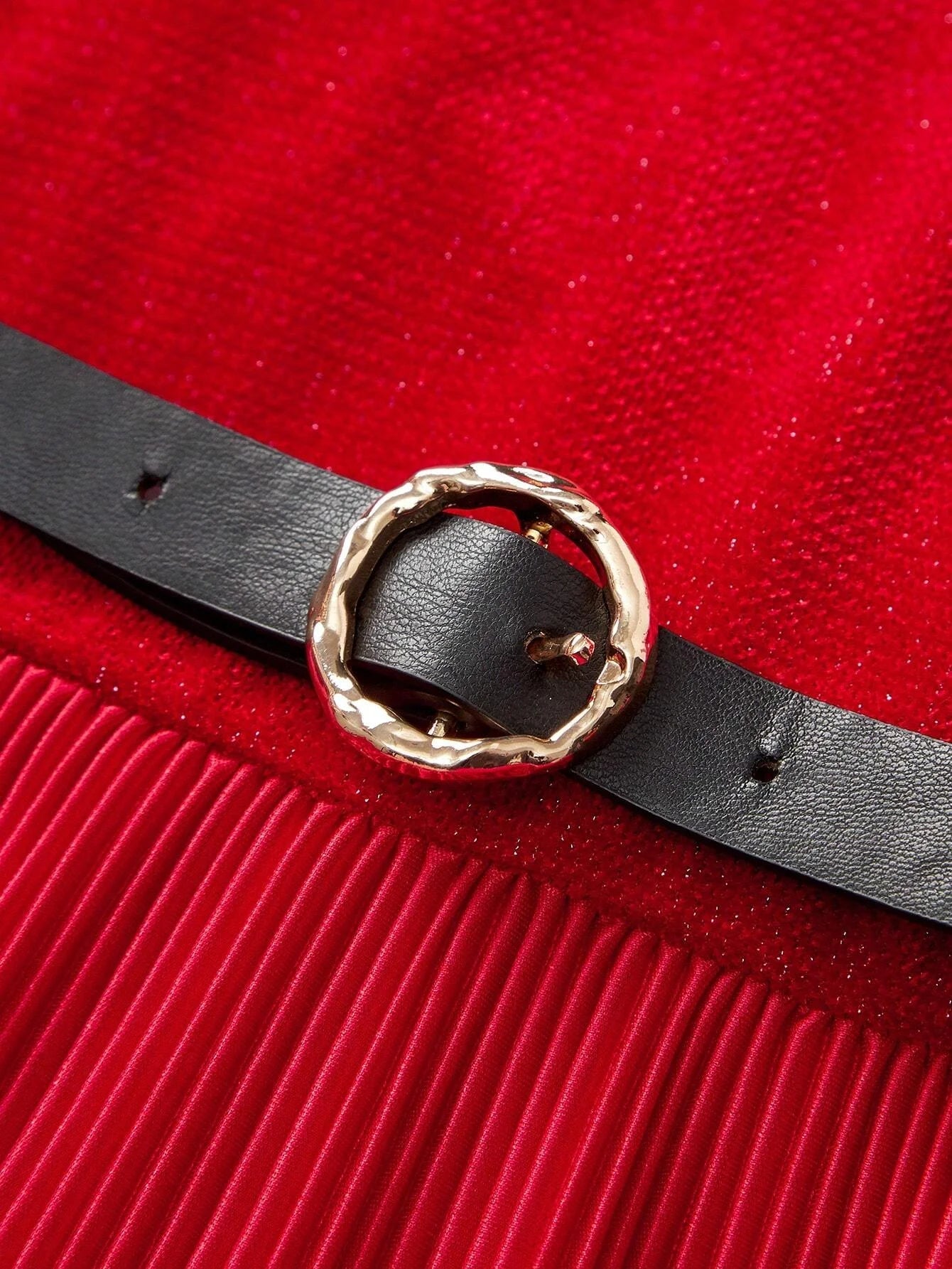 PREMIUM SOLID PLISSE LAYERED RUFFLE HEM BUCKLE BELTED DRESS