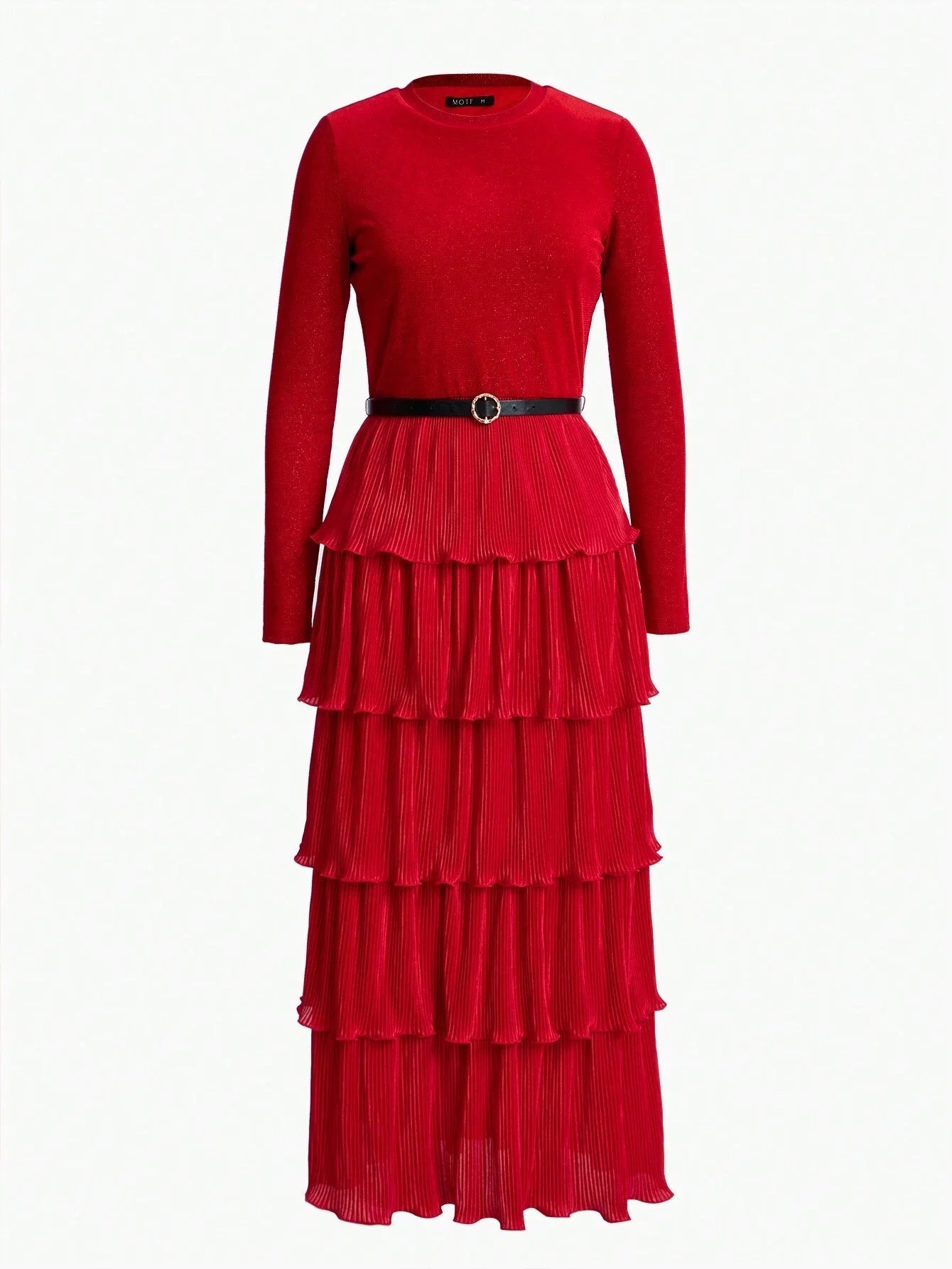 PREMIUM SOLID PLISSE LAYERED RUFFLE HEM BUCKLE BELTED DRESS