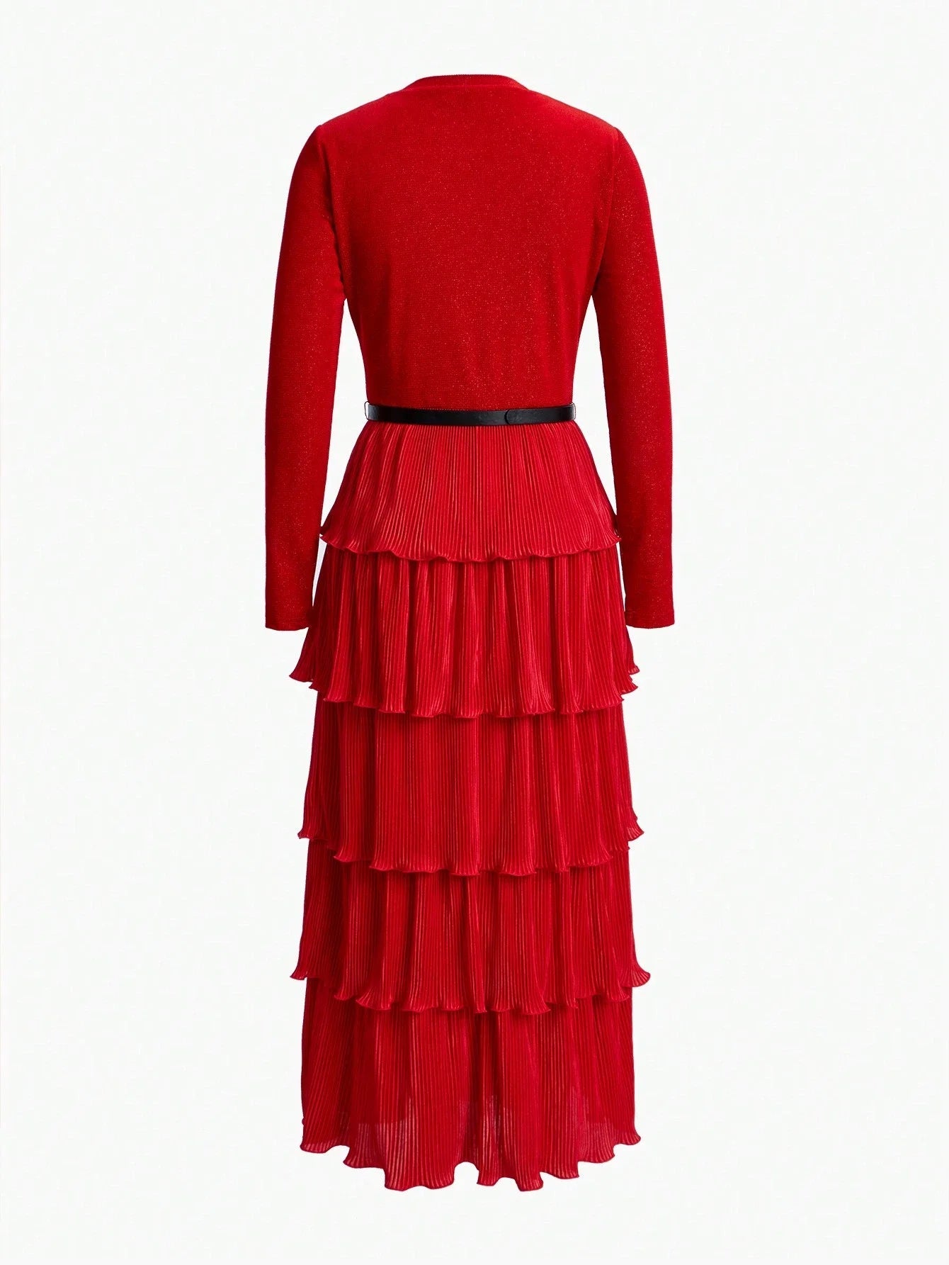 PREMIUM SOLID PLISSE LAYERED RUFFLE HEM BUCKLE BELTED DRESS