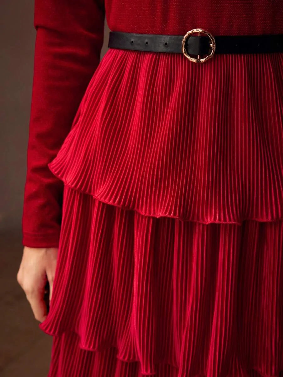 PREMIUM SOLID PLISSE LAYERED RUFFLE HEM BUCKLE BELTED DRESS