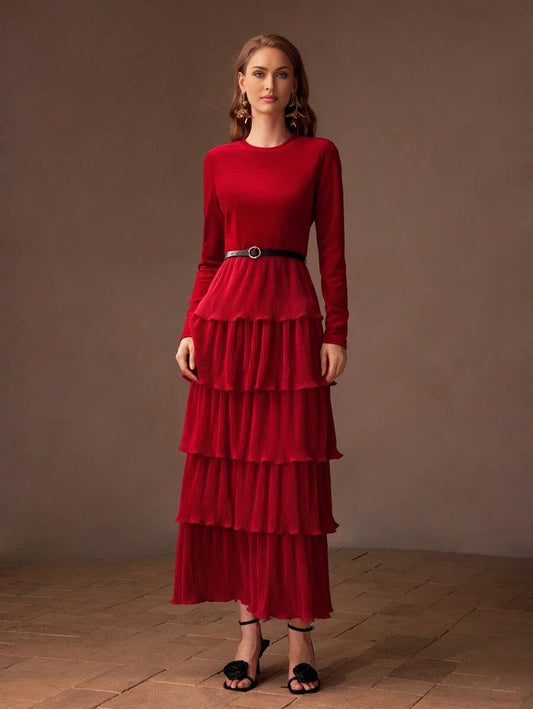 PREMIUM SOLID PLISSE LAYERED RUFFLE HEM BUCKLE BELTED DRESS