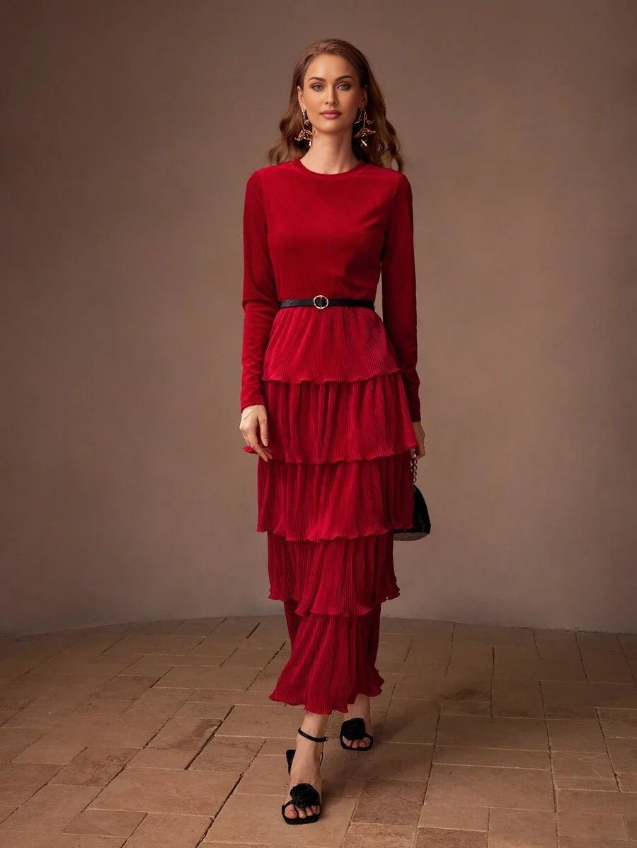 PREMIUM SOLID PLISSE LAYERED RUFFLE HEM BUCKLE BELTED DRESS