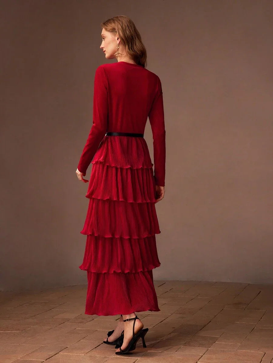 PREMIUM SOLID PLISSE LAYERED RUFFLE HEM BUCKLE BELTED DRESS