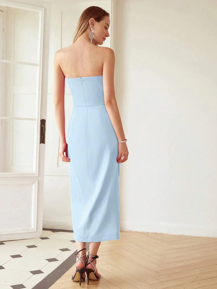 PREMIUM SOLID RUCHED SPLIT THIGH TUBE DRESS