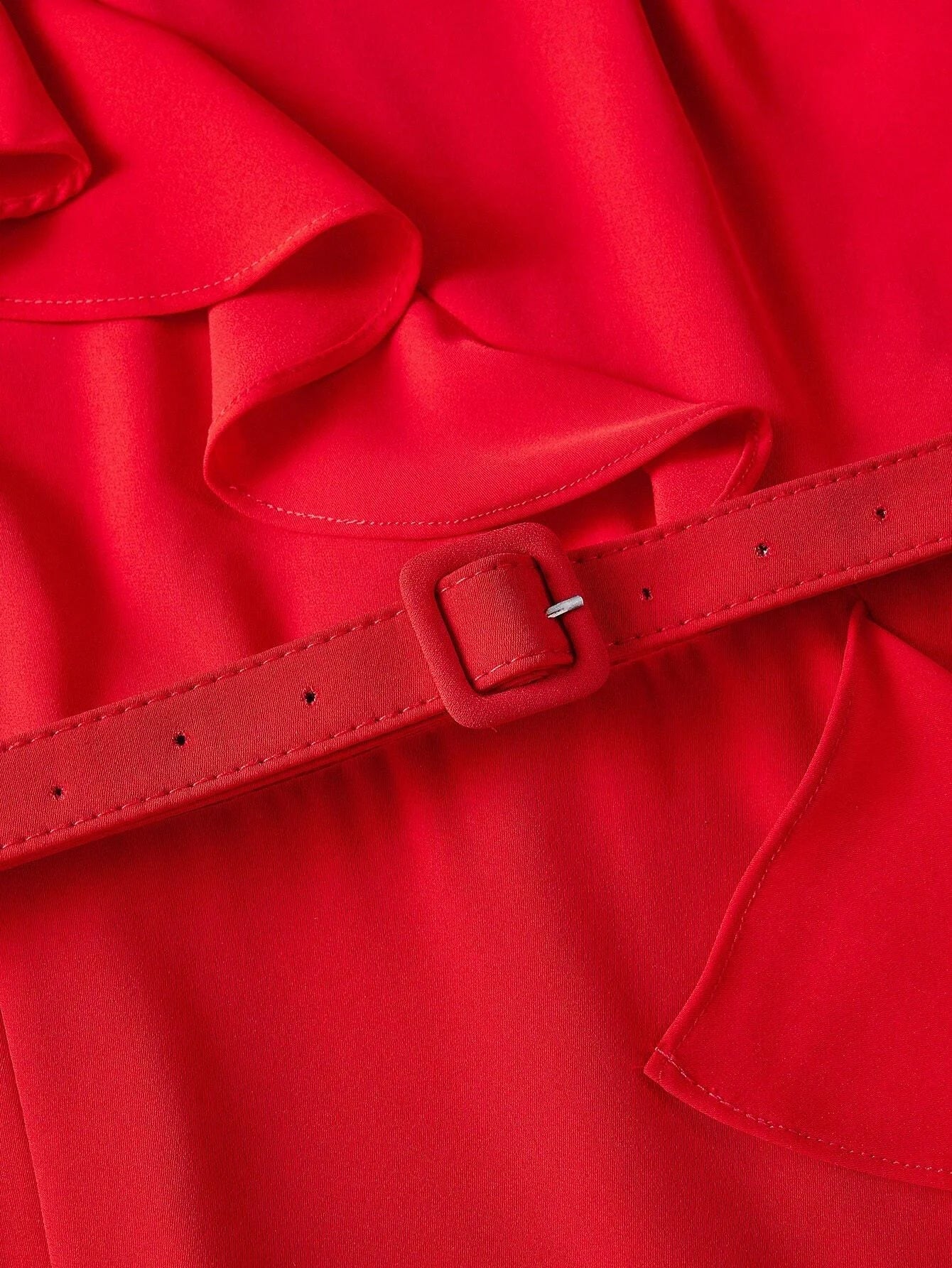 PREMIUM SOLID RUFFLE TRIM FLUTTER SLEEVE BUCKLE BELTED MIDI DRESS NEW YEAR CLOTHES WOMEN