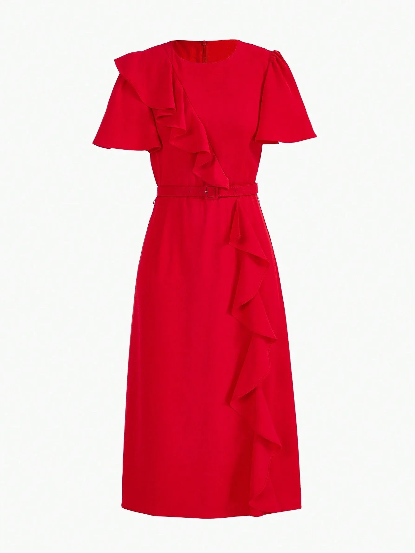 PREMIUM SOLID RUFFLE TRIM FLUTTER SLEEVE BUCKLE BELTED MIDI DRESS NEW YEAR CLOTHES WOMEN