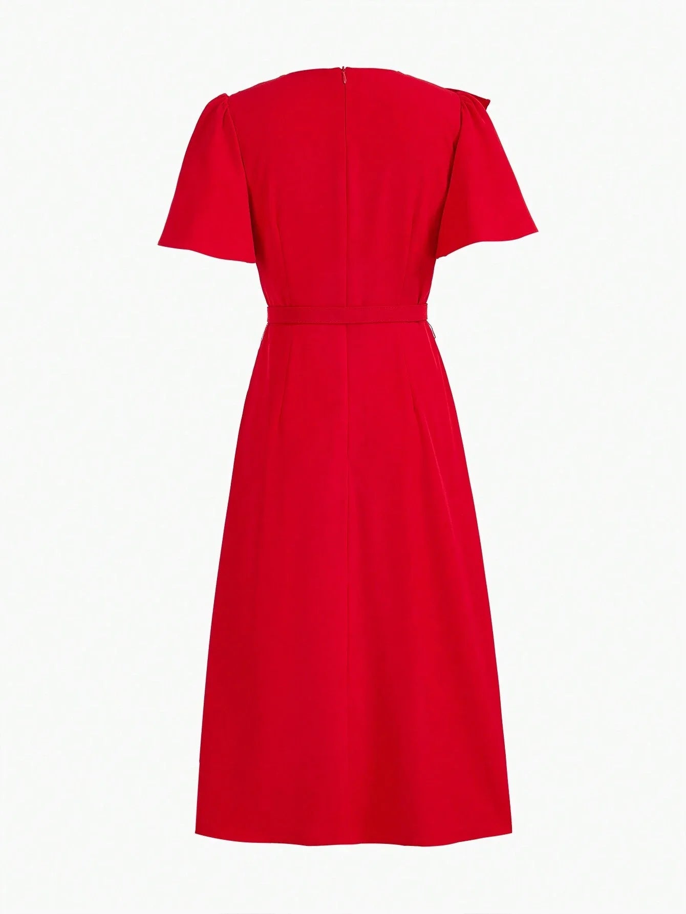 PREMIUM SOLID RUFFLE TRIM FLUTTER SLEEVE BUCKLE BELTED MIDI DRESS NEW YEAR CLOTHES WOMEN