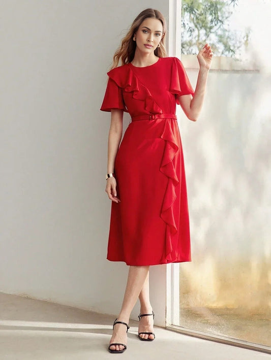 PREMIUM SOLID RUFFLE TRIM FLUTTER SLEEVE BUCKLE BELTED MIDI DRESS NEW YEAR CLOTHES WOMEN