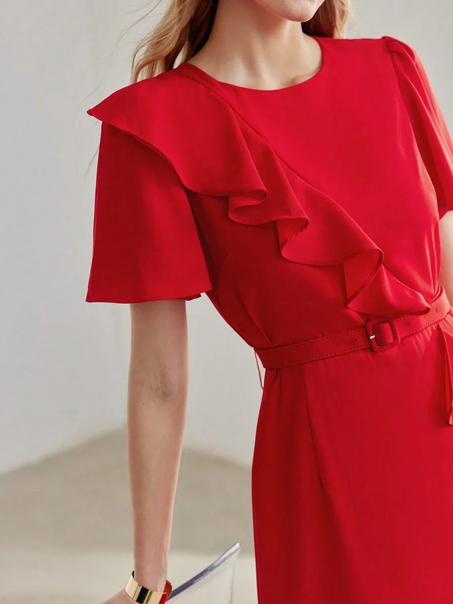 PREMIUM SOLID RUFFLE TRIM FLUTTER SLEEVE BUCKLE BELTED MIDI DRESS NEW YEAR CLOTHES WOMEN
