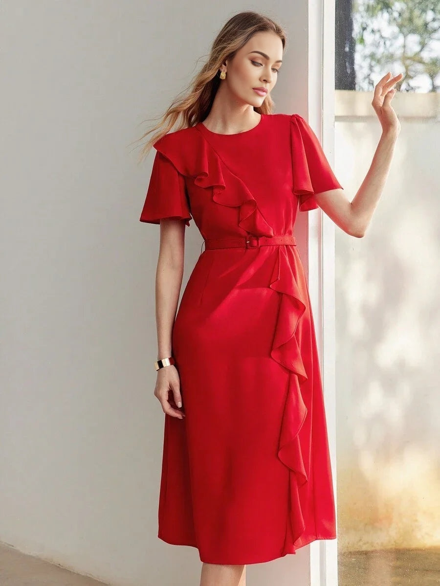 PREMIUM SOLID RUFFLE TRIM FLUTTER SLEEVE BUCKLE BELTED MIDI DRESS NEW YEAR CLOTHES WOMEN
