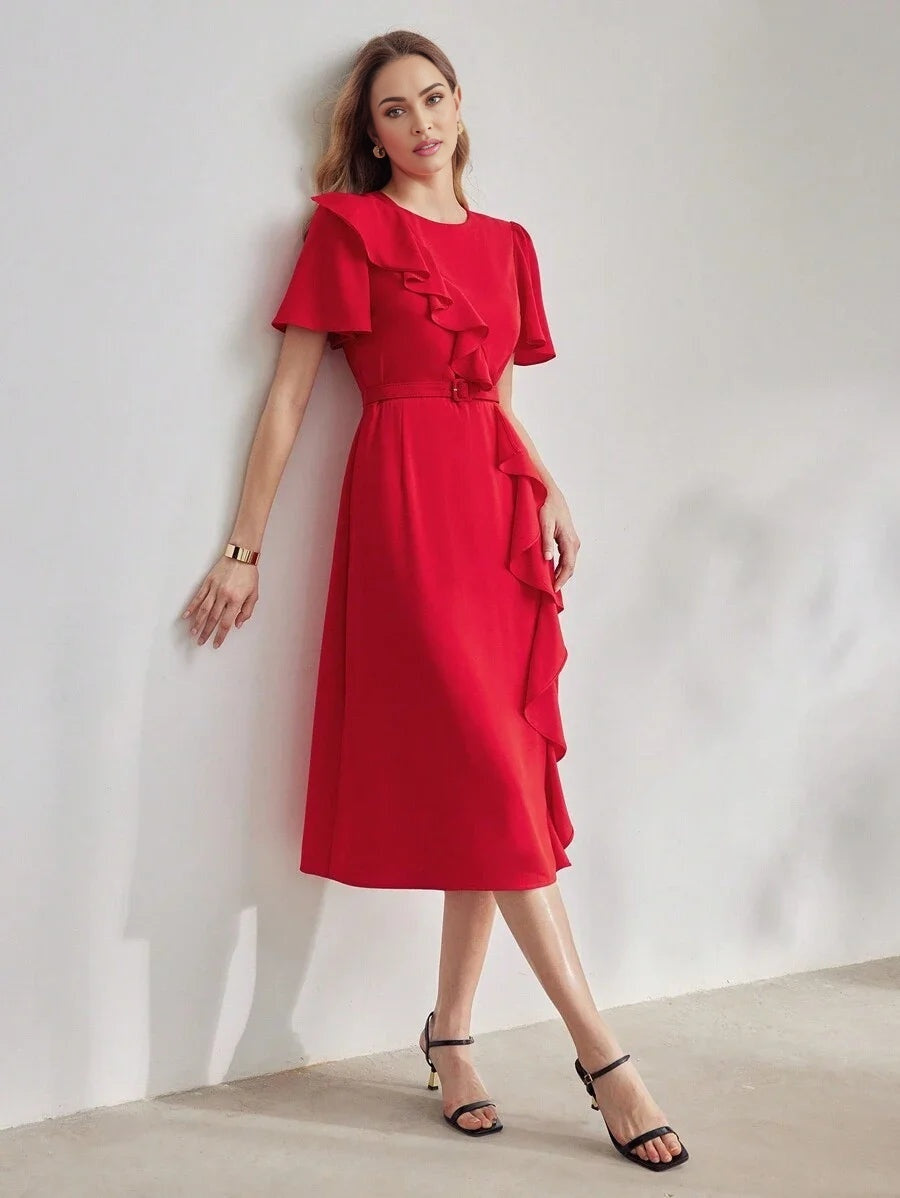 PREMIUM SOLID RUFFLE TRIM FLUTTER SLEEVE BUCKLE BELTED MIDI DRESS NEW YEAR CLOTHES WOMEN