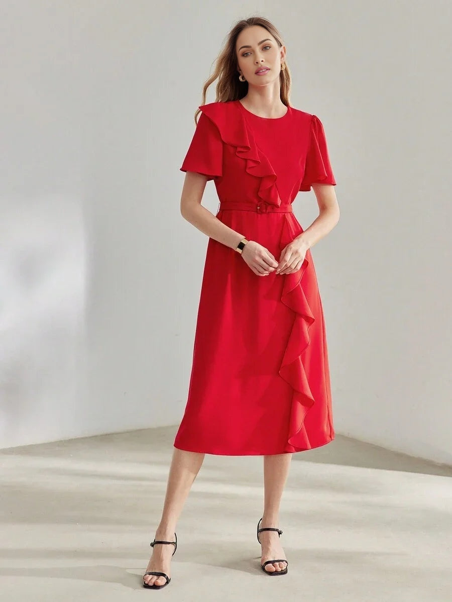 PREMIUM SOLID RUFFLE TRIM FLUTTER SLEEVE BUCKLE BELTED MIDI DRESS NEW YEAR CLOTHES WOMEN