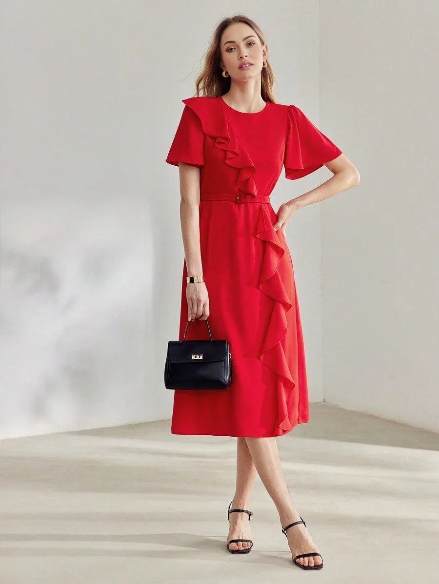 PREMIUM SOLID RUFFLE TRIM FLUTTER SLEEVE BUCKLE BELTED MIDI DRESS NEW YEAR CLOTHES WOMEN