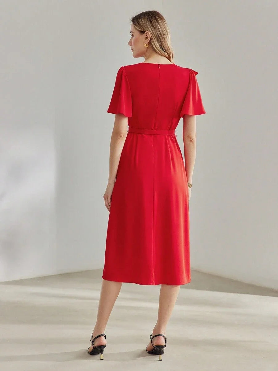 PREMIUM SOLID RUFFLE TRIM FLUTTER SLEEVE BUCKLE BELTED MIDI DRESS NEW YEAR CLOTHES WOMEN