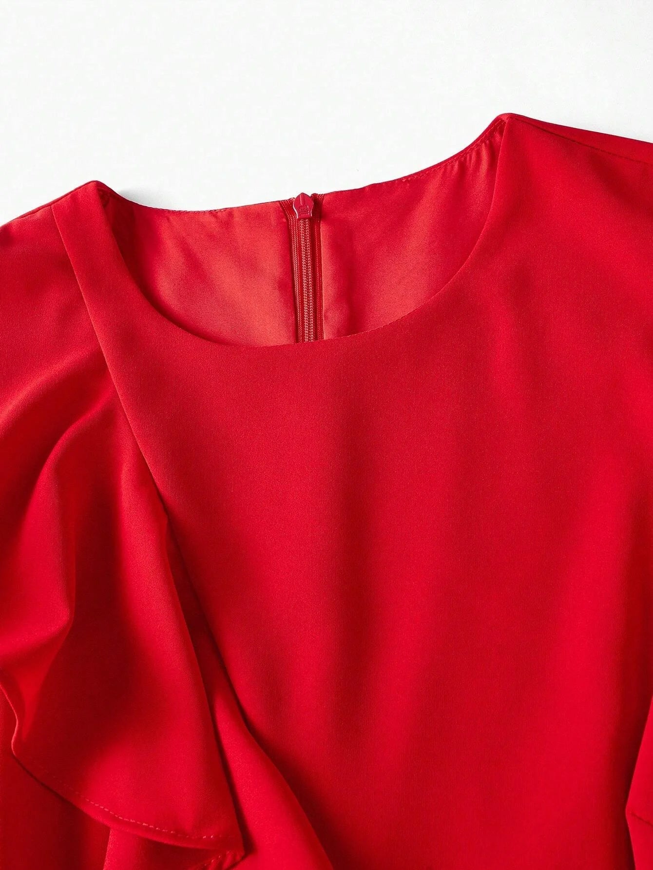 PREMIUM SOLID RUFFLE TRIM FLUTTER SLEEVE BUCKLE BELTED MIDI DRESS NEW YEAR CLOTHES WOMEN