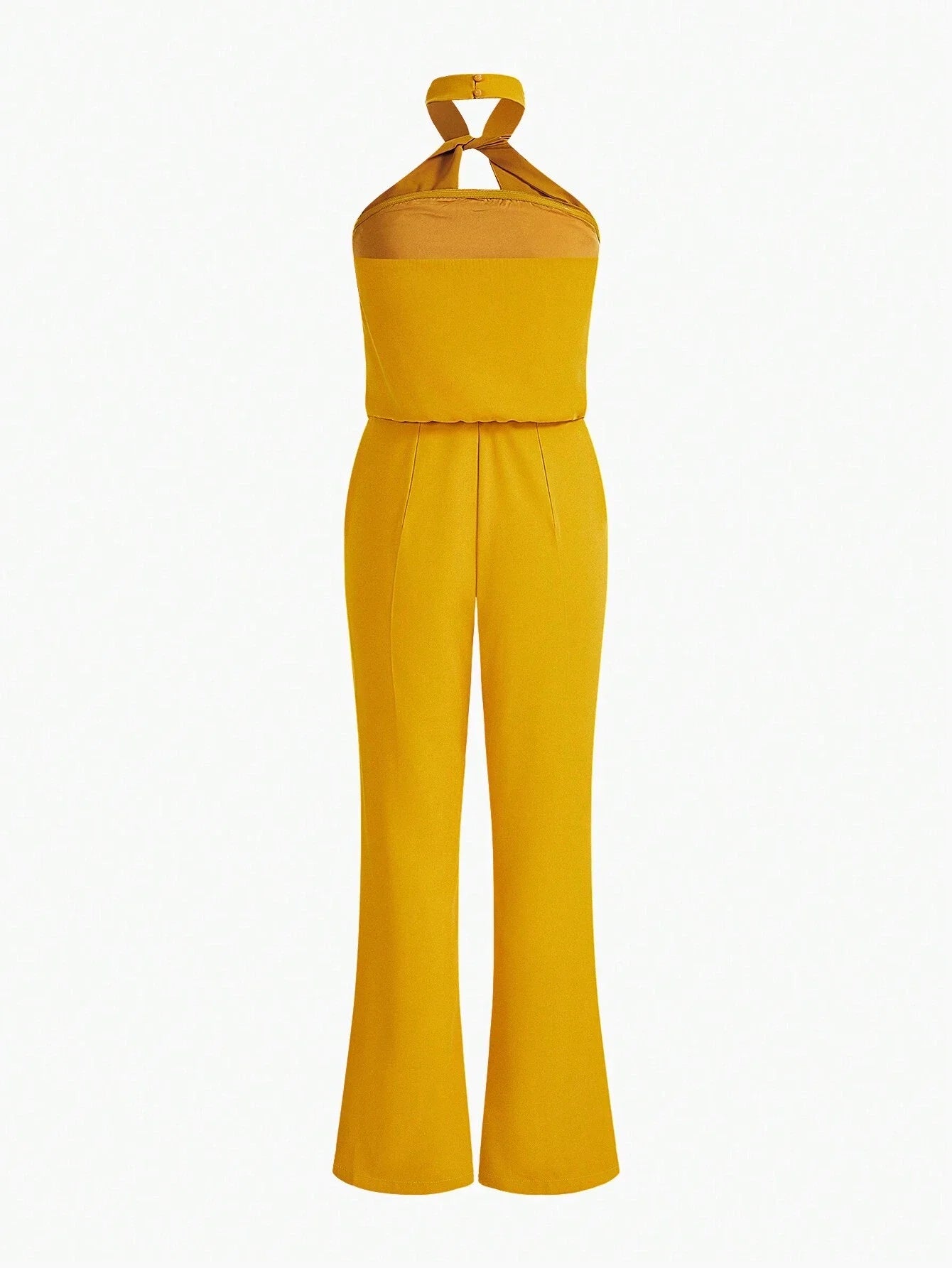 PREMIUM SOLID SEAM FRONT TWIST HALTER NECK FLARE LEG JUMPSUIT