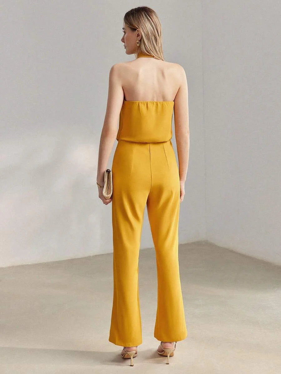 PREMIUM SOLID SEAM FRONT TWIST HALTER NECK FLARE LEG JUMPSUIT