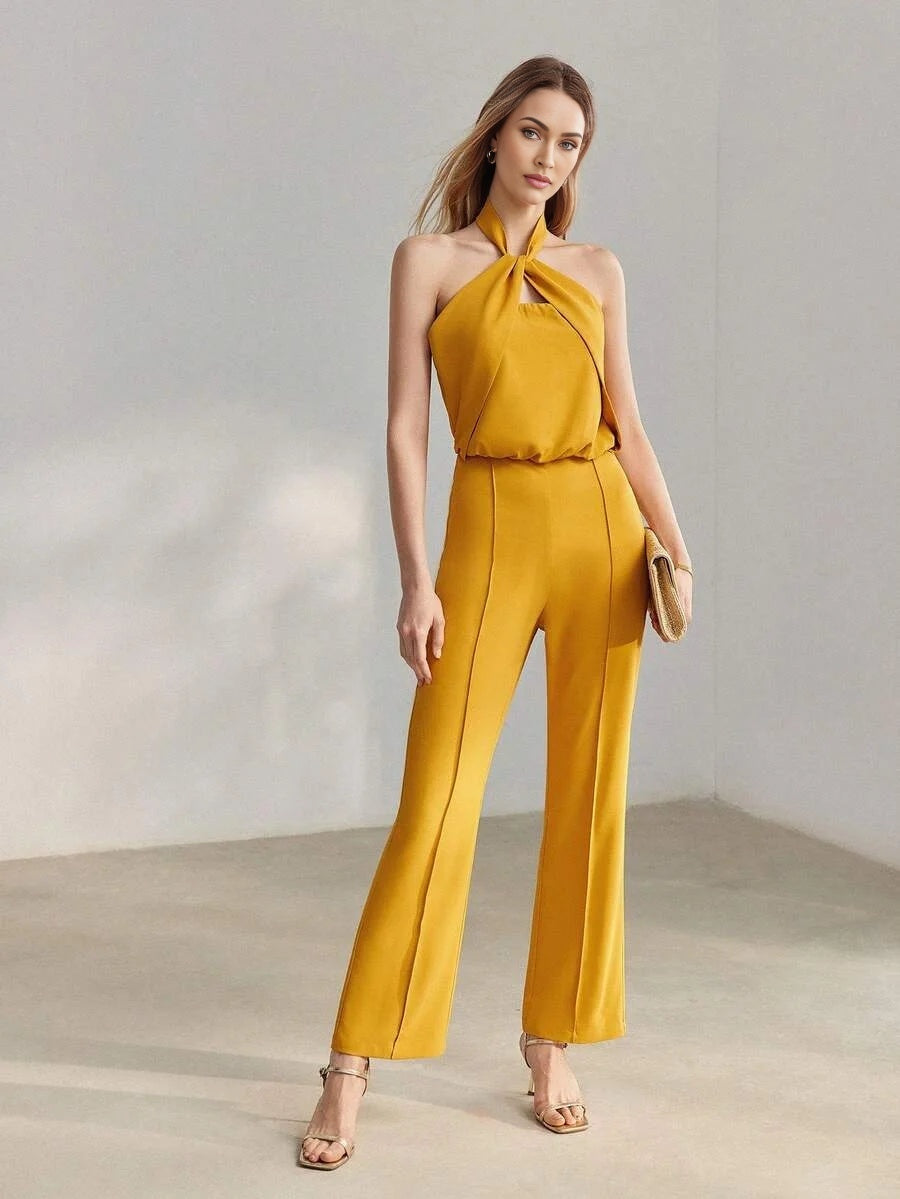 PREMIUM SOLID SEAM FRONT TWIST HALTER NECK FLARE LEG JUMPSUIT