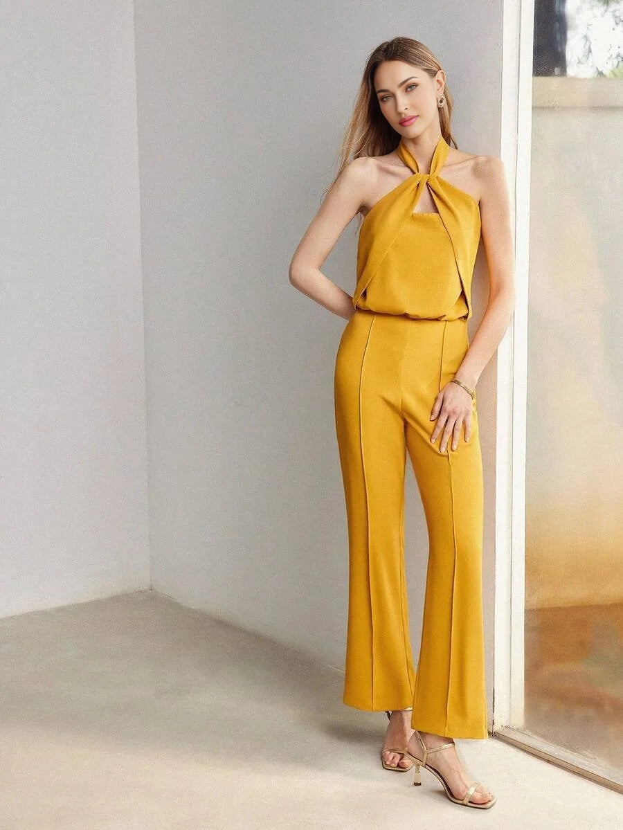 PREMIUM SOLID SEAM FRONT TWIST HALTER NECK FLARE LEG JUMPSUIT