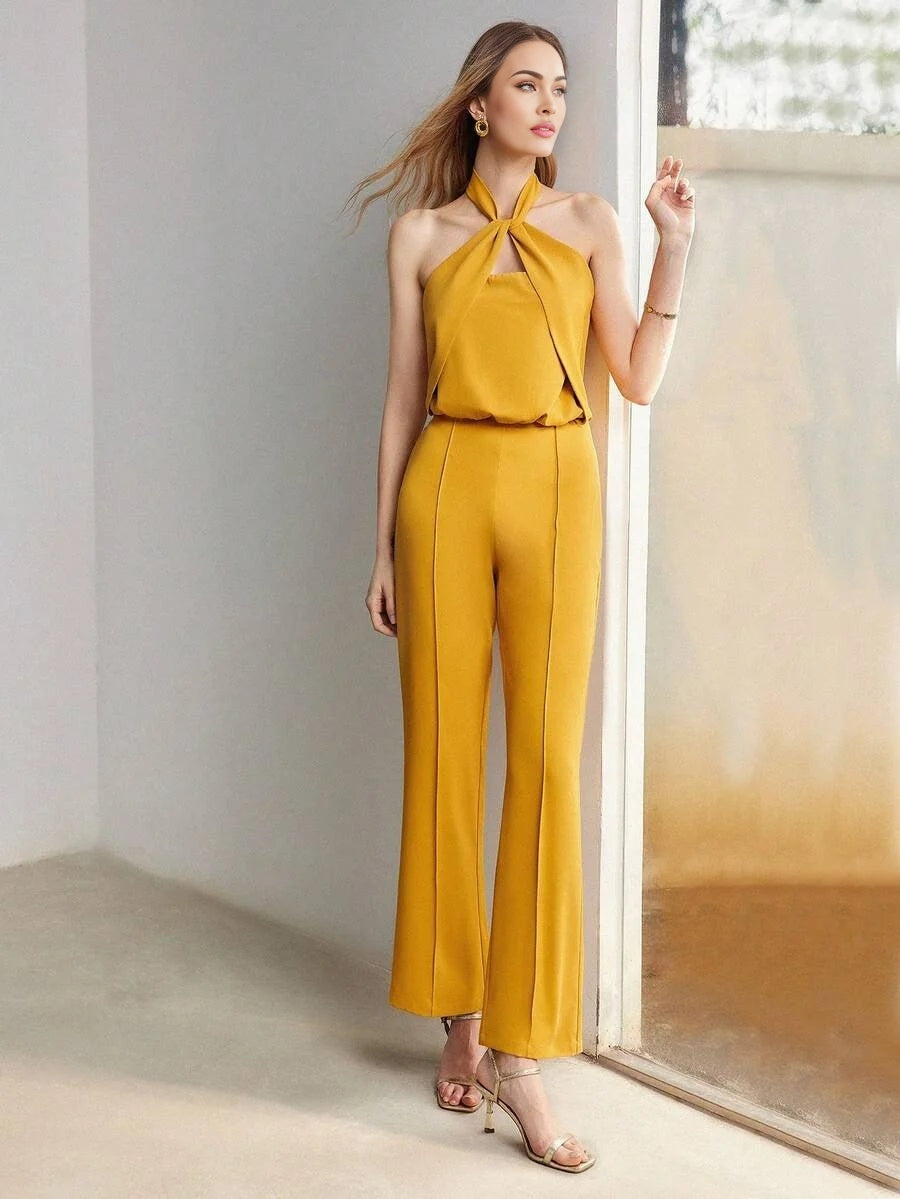 PREMIUM SOLID SEAM FRONT TWIST HALTER NECK FLARE LEG JUMPSUIT
