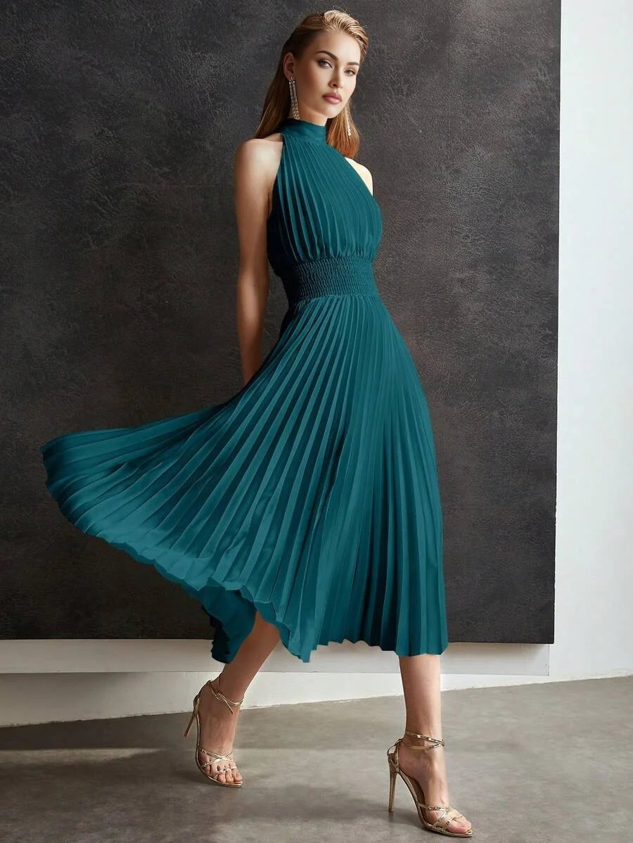 PREMIUM SOLID SHIRRED WAIST PLEATED LONG DRESS