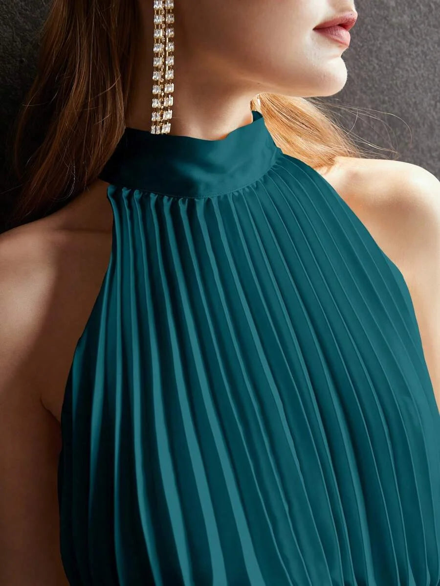 PREMIUM SOLID SHIRRED WAIST PLEATED LONG DRESS