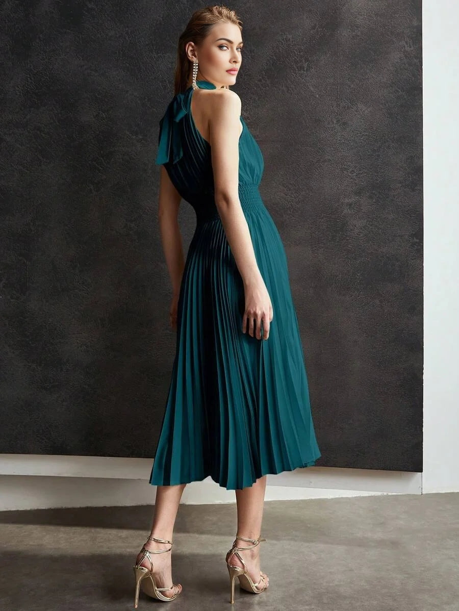 PREMIUM SOLID SHIRRED WAIST PLEATED LONG DRESS