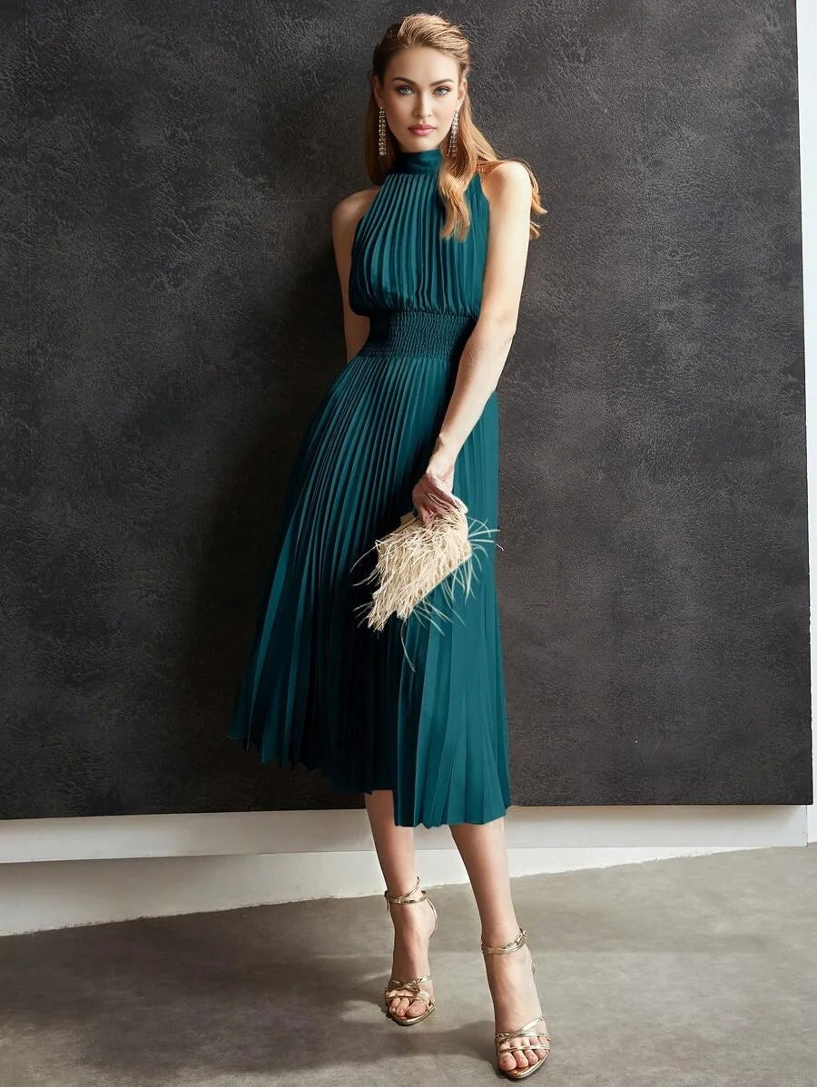 PREMIUM SOLID SHIRRED WAIST PLEATED LONG DRESS