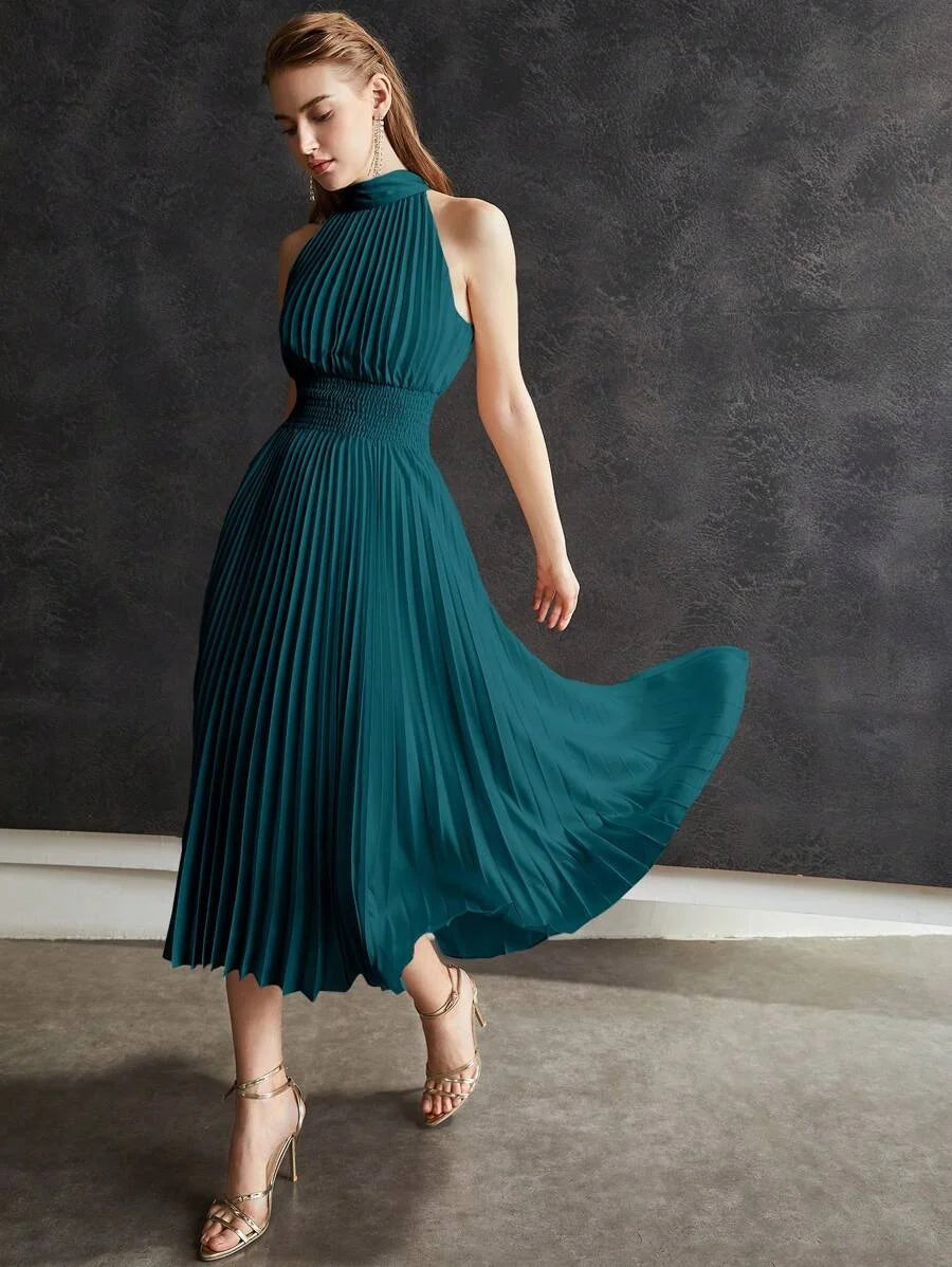 PREMIUM SOLID SHIRRED WAIST PLEATED LONG DRESS