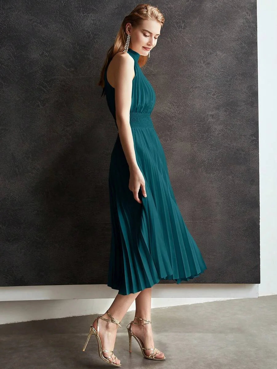 PREMIUM SOLID SHIRRED WAIST PLEATED LONG DRESS